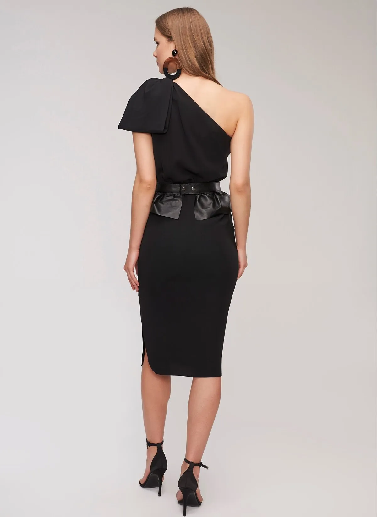 13552 Black One Shoulder Faux Leather Detail Dress