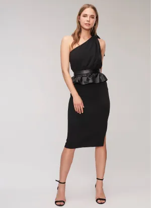 13552 Black One Shoulder Faux Leather Detail Dress