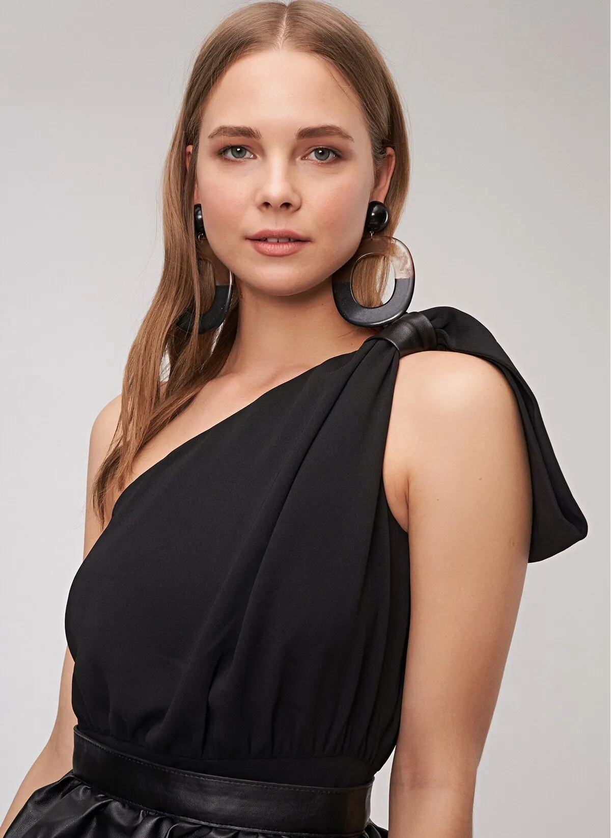 13552 Black One Shoulder Faux Leather Detail Dress