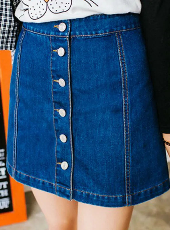 A-line Pencil Jeans Skirt Front Button High Waist Denim Skirt