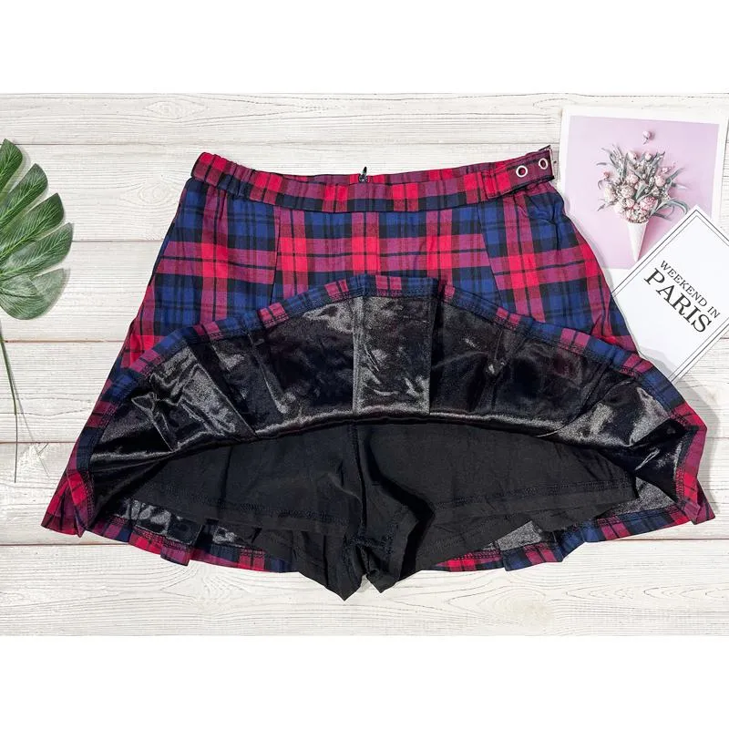 A-Line Zipper Cotton Crash Color Plaid Pleated Skirt