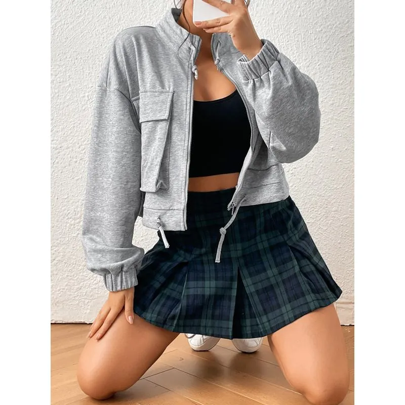 A-Line Zipper Cotton Crash Color Plaid Pleated Skirt