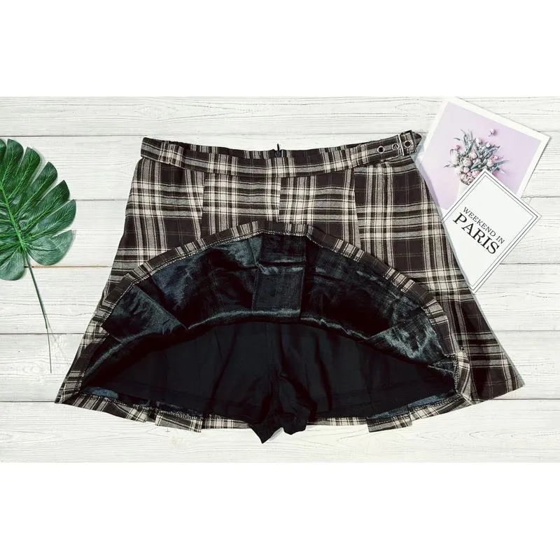 A-Line Zipper Cotton Crash Color Plaid Pleated Skirt