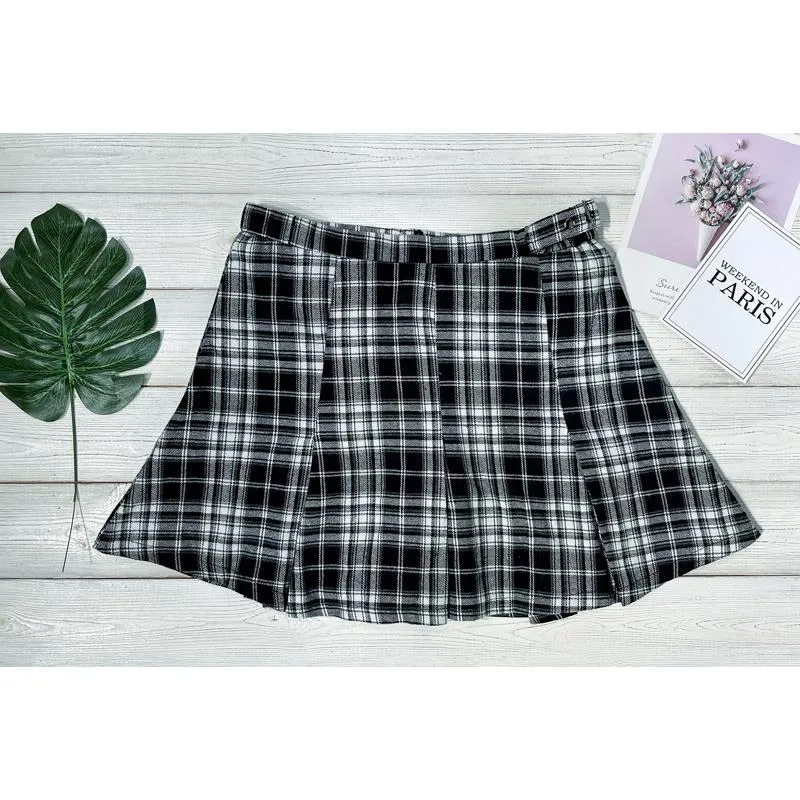 A-Line Zipper Cotton Crash Color Plaid Pleated Skirt