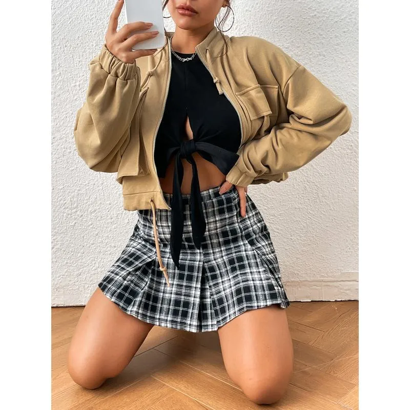 A-Line Zipper Cotton Crash Color Plaid Pleated Skirt