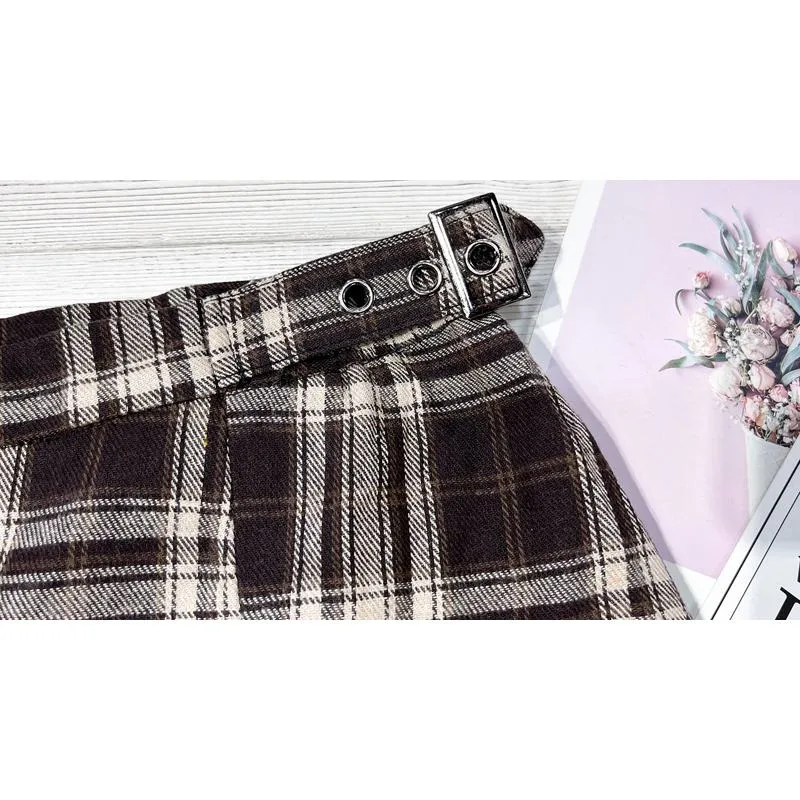 A-Line Zipper Cotton Crash Color Plaid Pleated Skirt