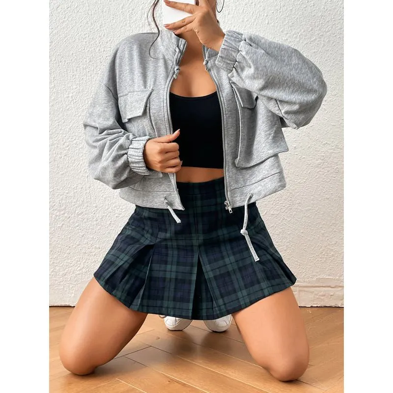 A-Line Zipper Cotton Crash Color Plaid Pleated Skirt