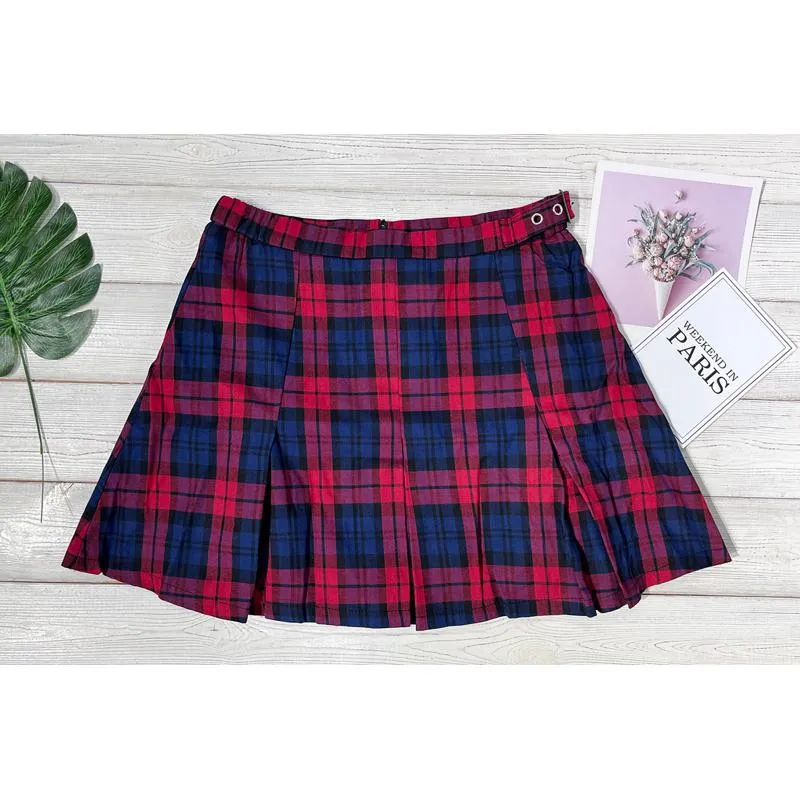 A-Line Zipper Cotton Crash Color Plaid Pleated Skirt