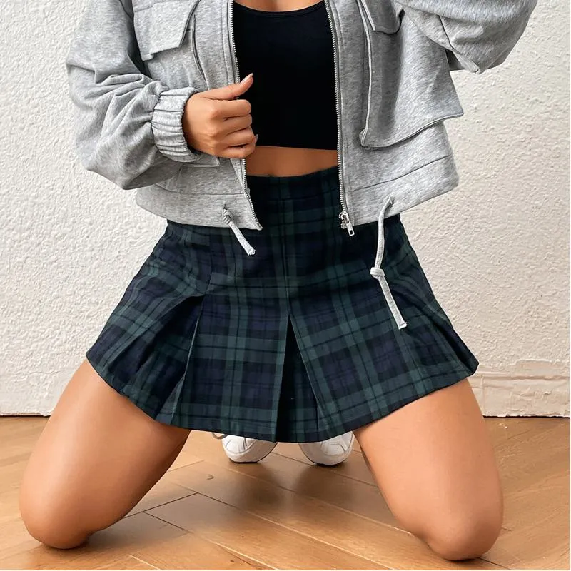 A-Line Zipper Cotton Crash Color Plaid Pleated Skirt