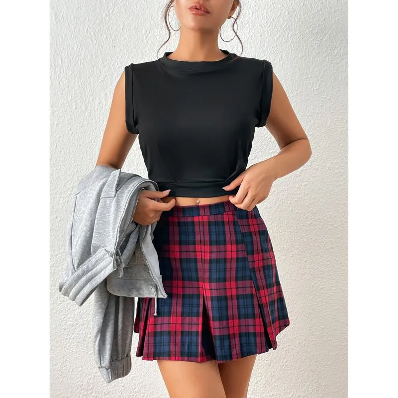 A-Line Zipper Cotton Crash Color Plaid Pleated Skirt