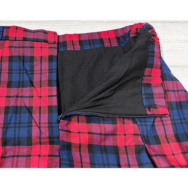 A-Line Zipper Cotton Crash Color Plaid Pleated Skirt