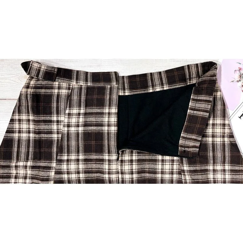 A-Line Zipper Cotton Crash Color Plaid Pleated Skirt