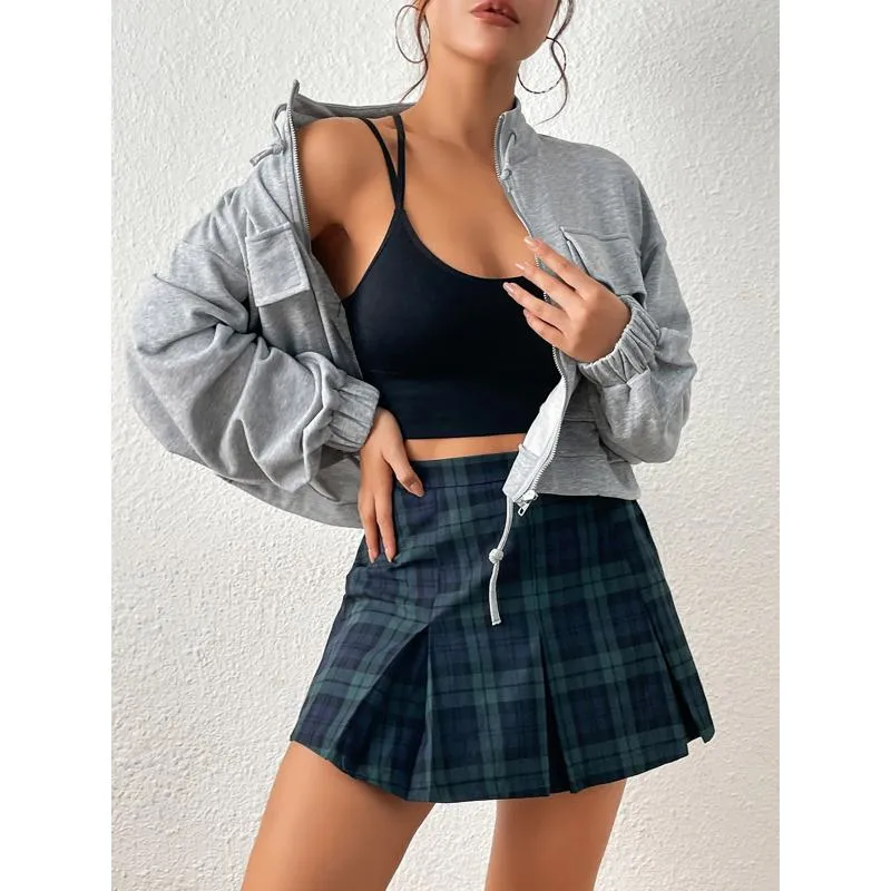 A-Line Zipper Cotton Crash Color Plaid Pleated Skirt