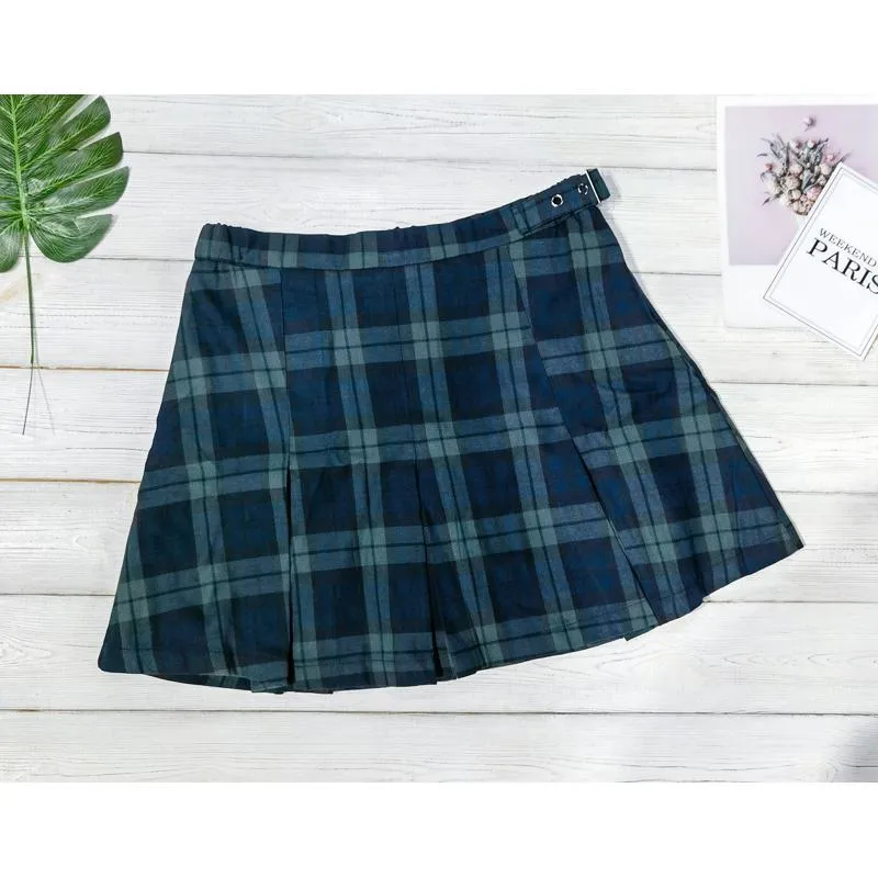 A-Line Zipper Cotton Crash Color Plaid Pleated Skirt