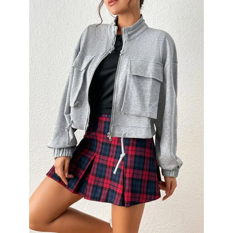 A-Line Zipper Cotton Crash Color Plaid Pleated Skirt