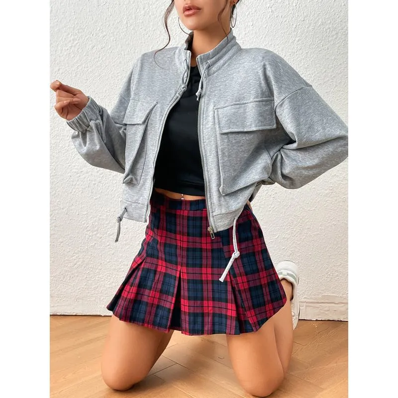 A-Line Zipper Cotton Crash Color Plaid Pleated Skirt