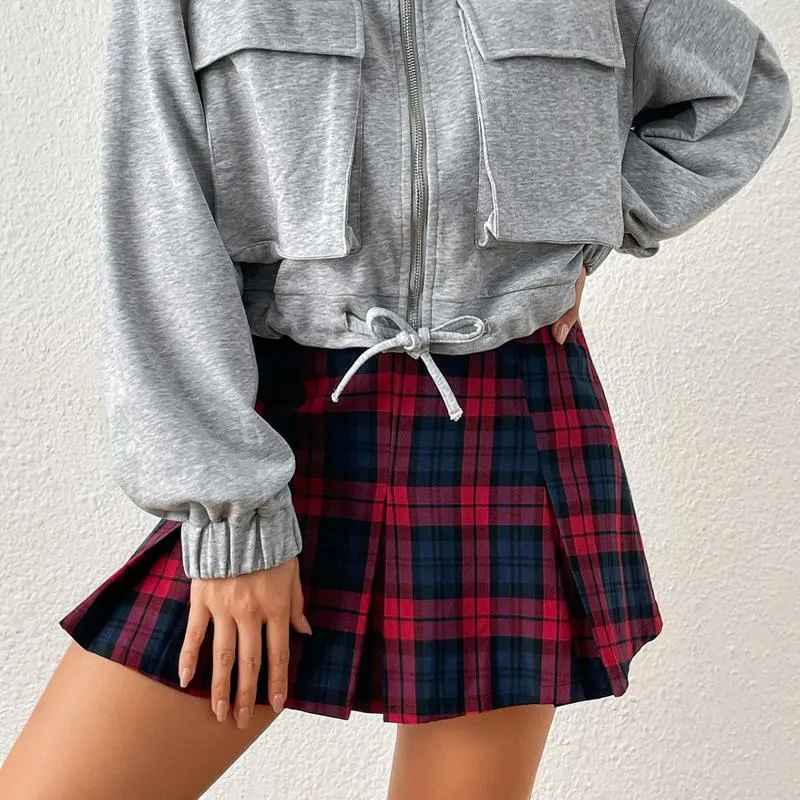 A-Line Zipper Cotton Crash Color Plaid Pleated Skirt