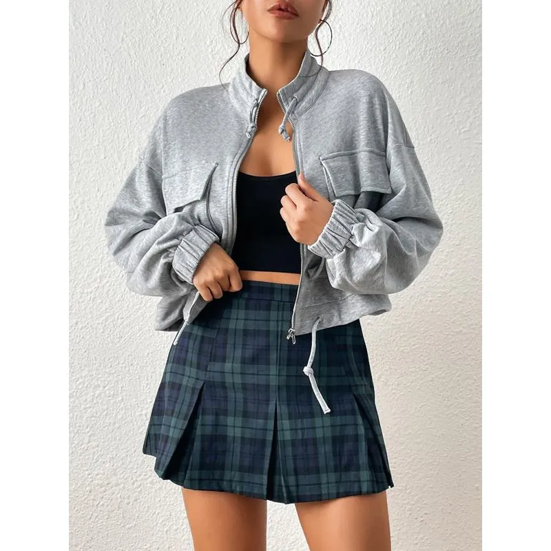 A-Line Zipper Cotton Crash Color Plaid Pleated Skirt