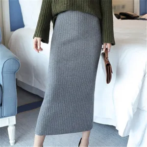 Ankle-length Knitted Woolen Midi Pencil Skirt for Women