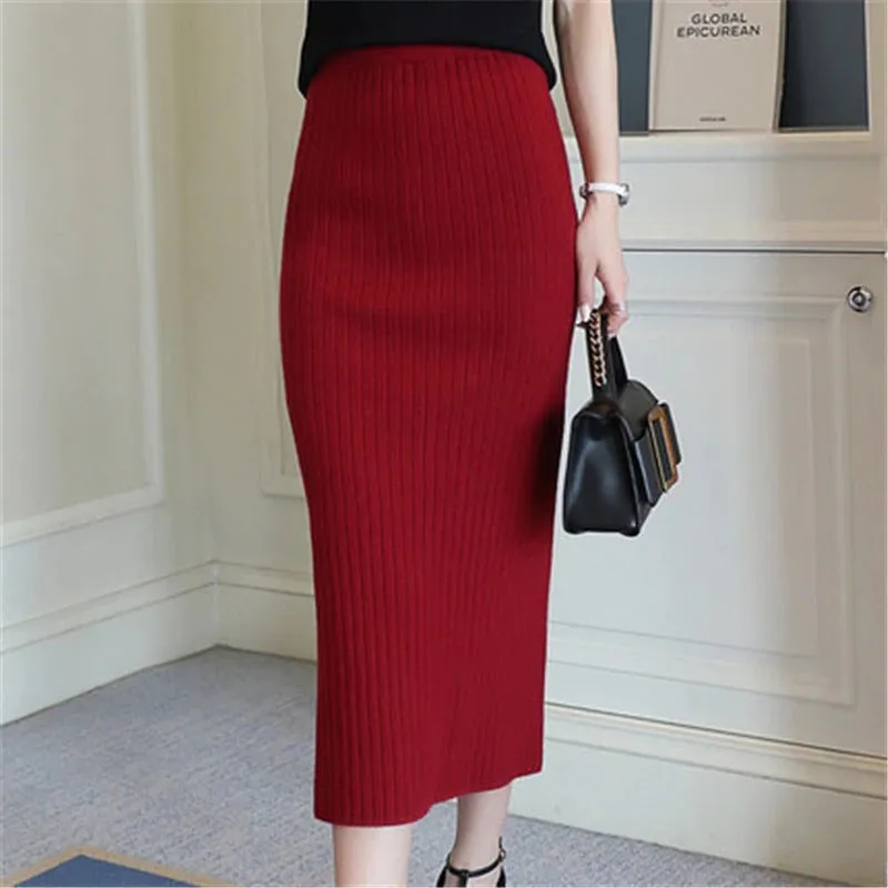 Ankle-length Knitted Woolen Midi Pencil Skirt for Women