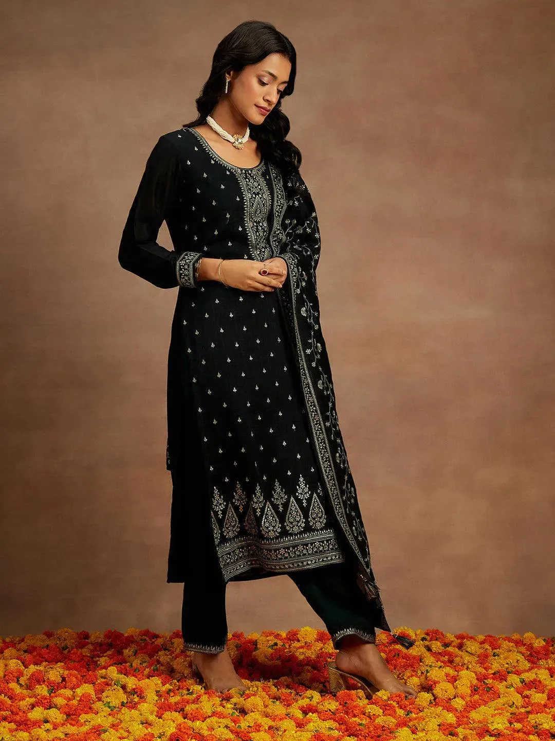 Black Embroidered Silk Blend Straight Suit With Dupatta