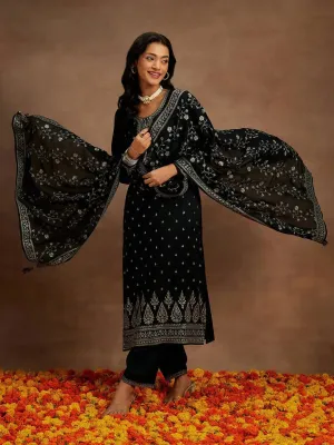 Black Embroidered Silk Blend Straight Suit With Dupatta