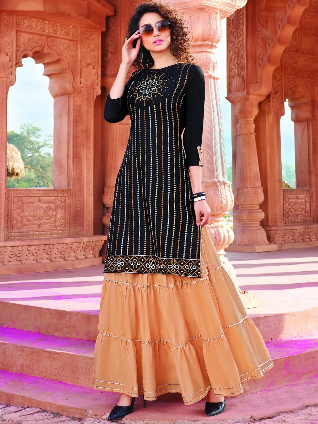 Black Rayon Cotton Kurta with Long Skirt