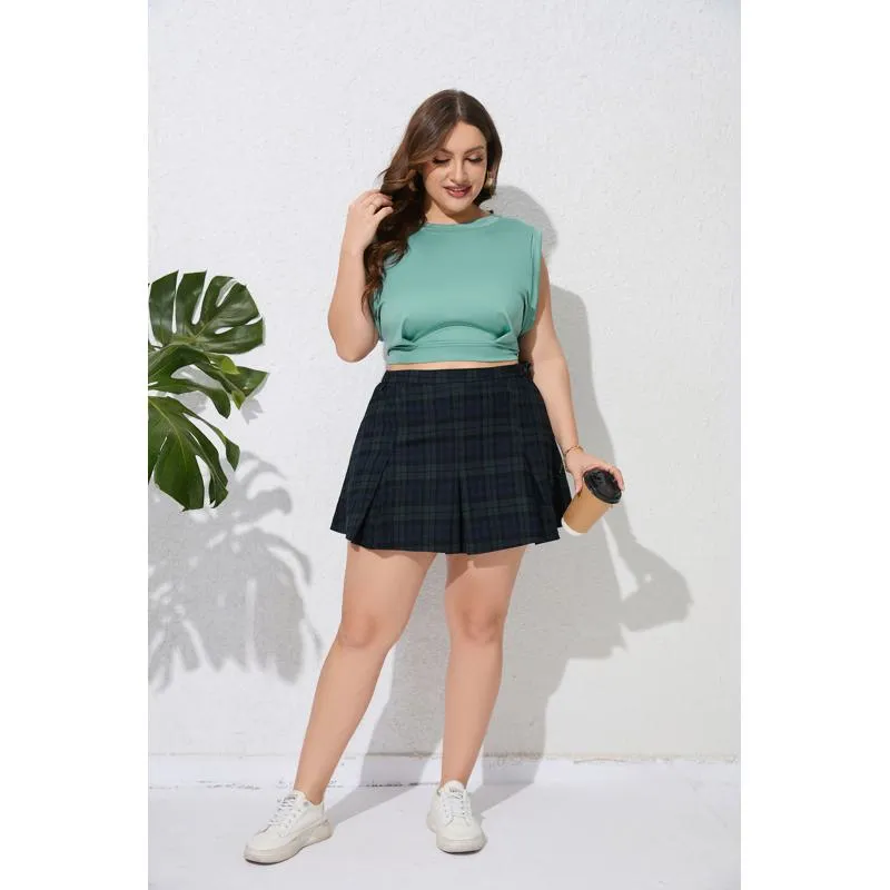 Broadband A-Line Pleated Zipper Plaid Plus Skirt