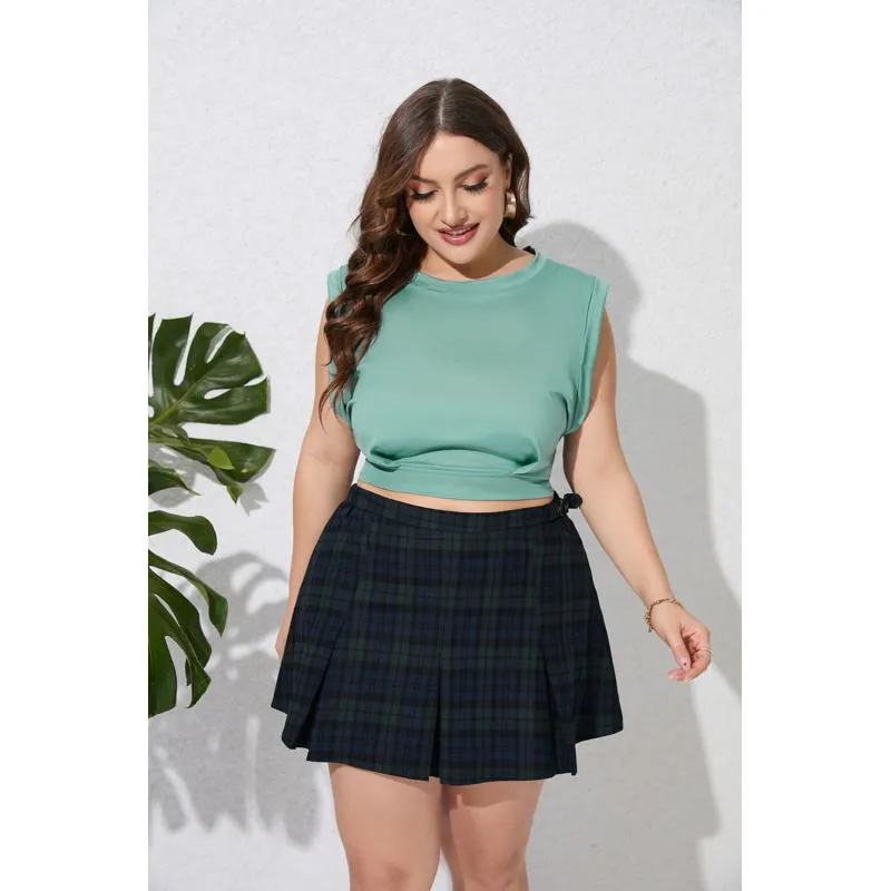 Broadband A-Line Pleated Zipper Plaid Plus Skirt