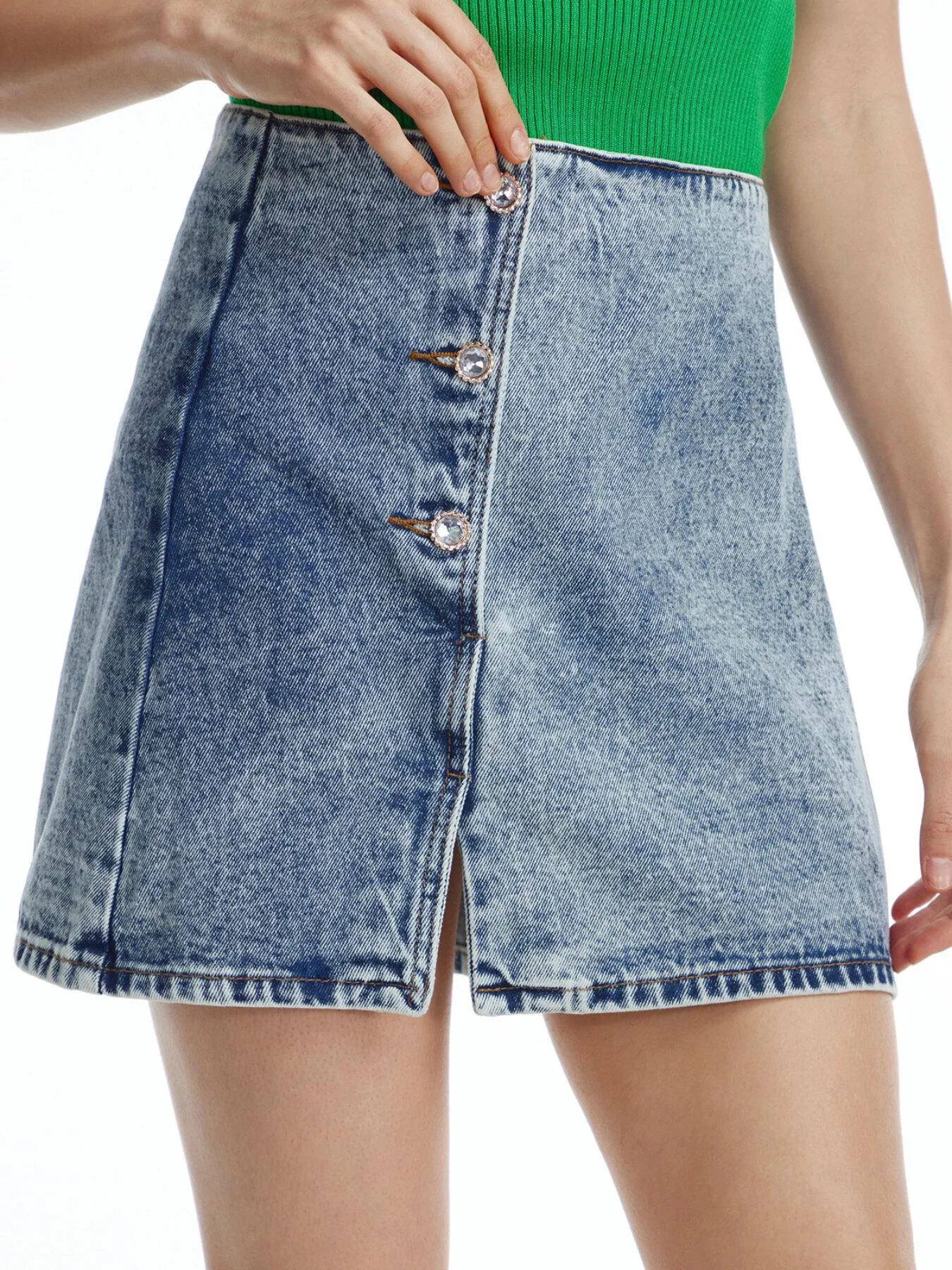 Button Front Split Denim Skirt