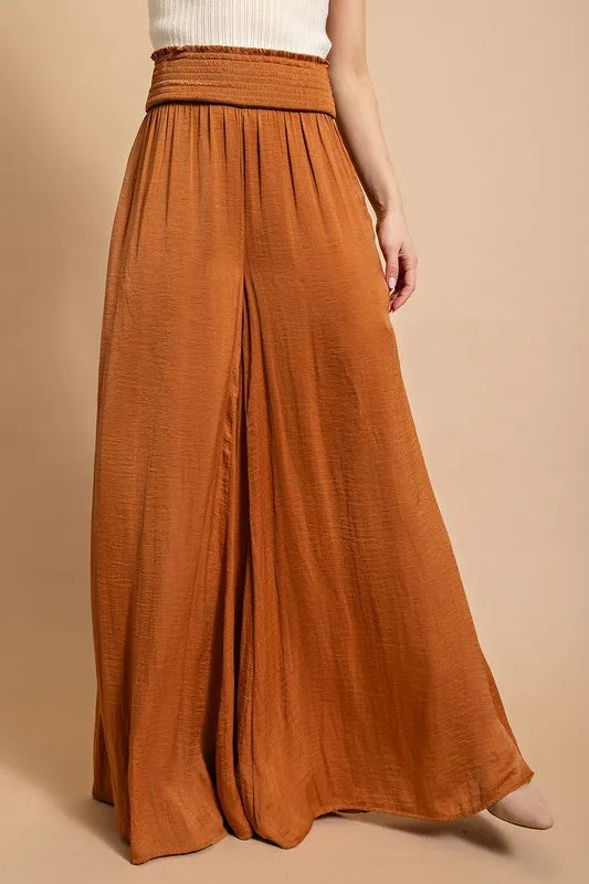 Camel Washed Satin Wide Pant