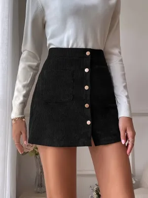 Casual Corduroy A-Line Slim Mid Waist Fashion Button Pencil Skirts