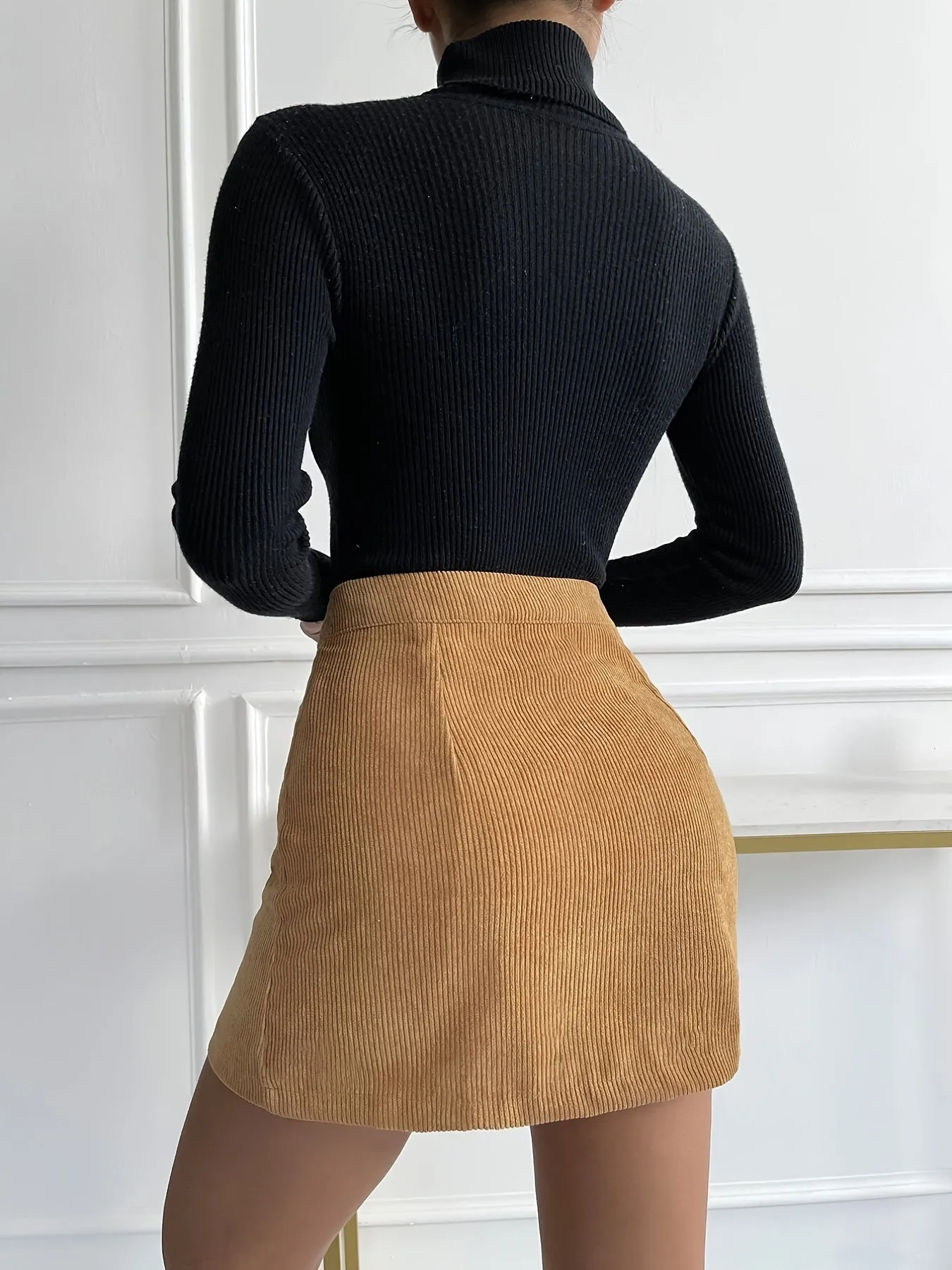 Casual Corduroy A-Line Slim Mid Waist Fashion Button Pencil Skirts