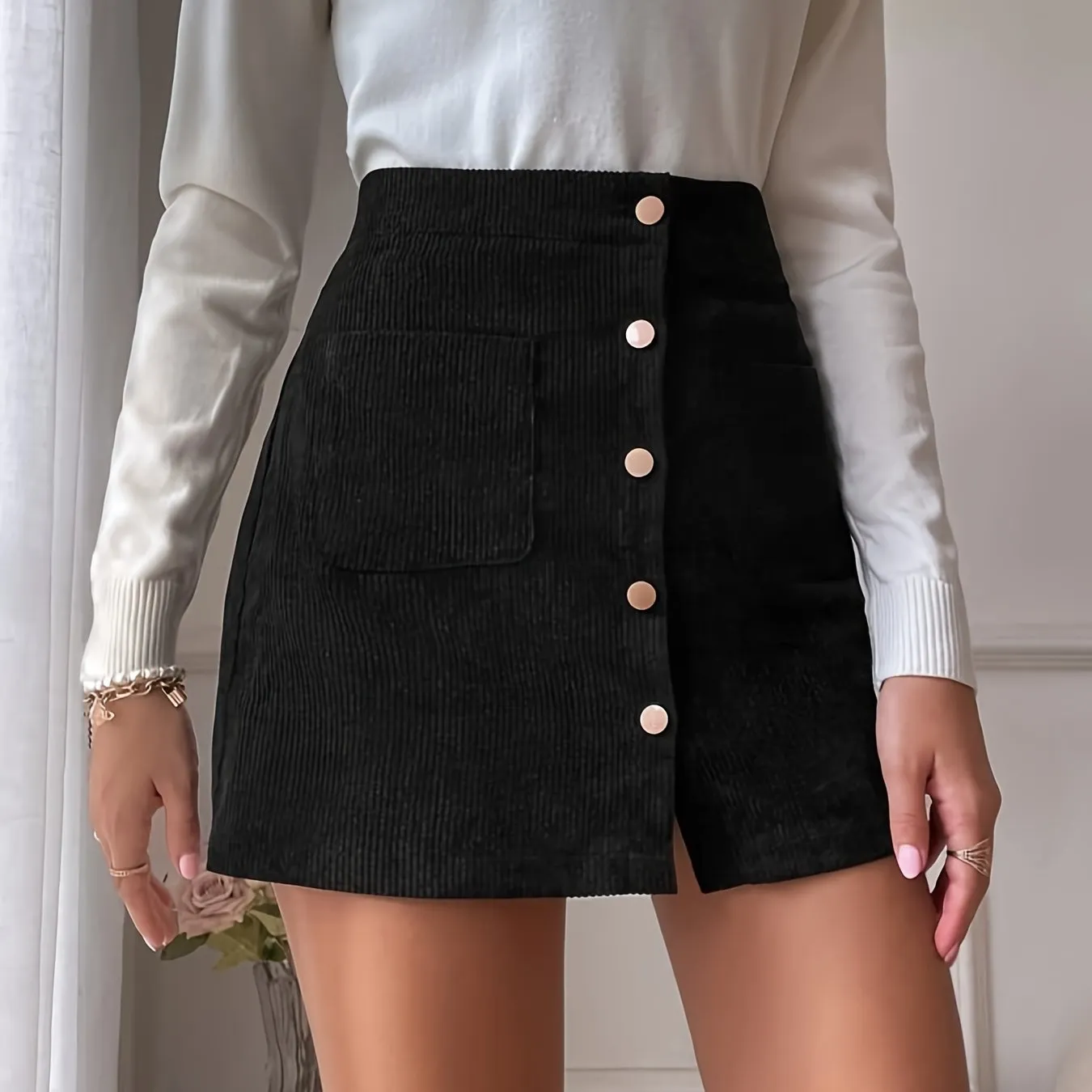 Casual Corduroy A-Line Slim Mid Waist Fashion Button Pencil Skirts