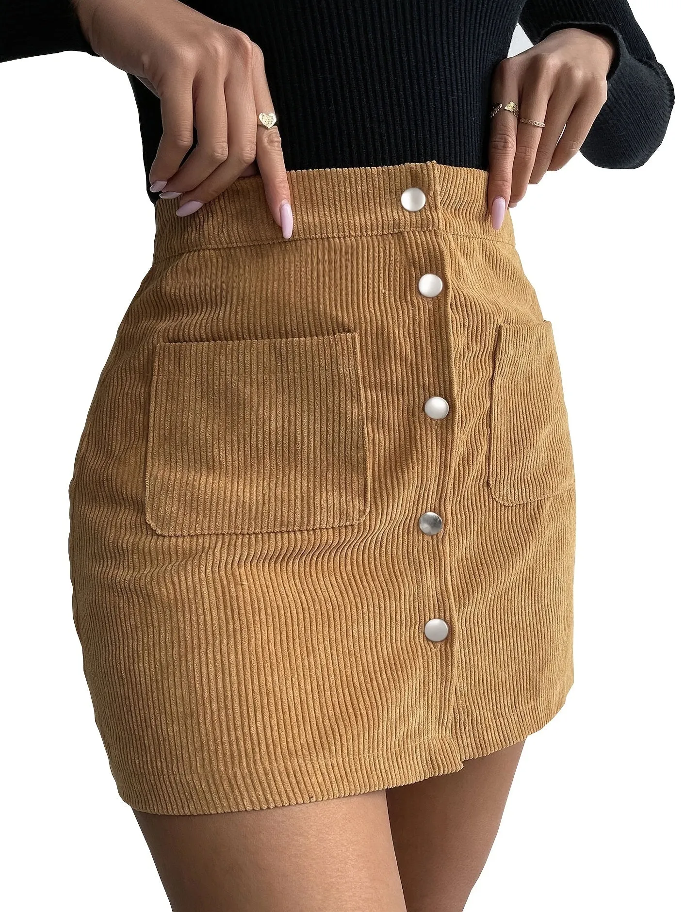 Casual Corduroy A-Line Slim Mid Waist Fashion Button Pencil Skirts