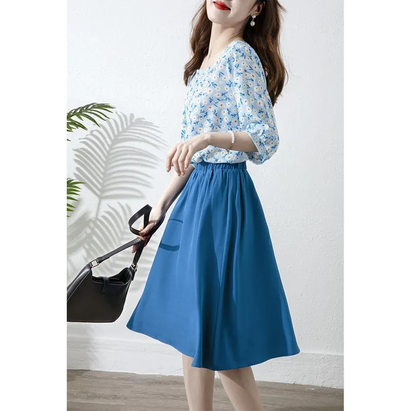 Chic Niche A-Line Solid Color Blue Skirt