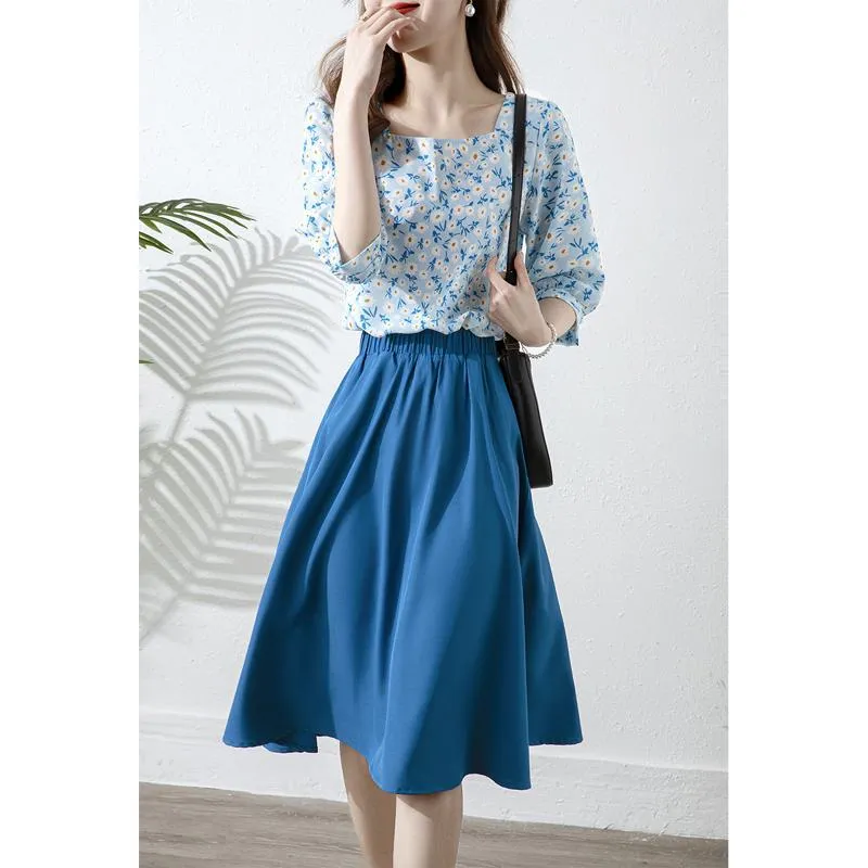 Chic Niche A-Line Solid Color Blue Skirt