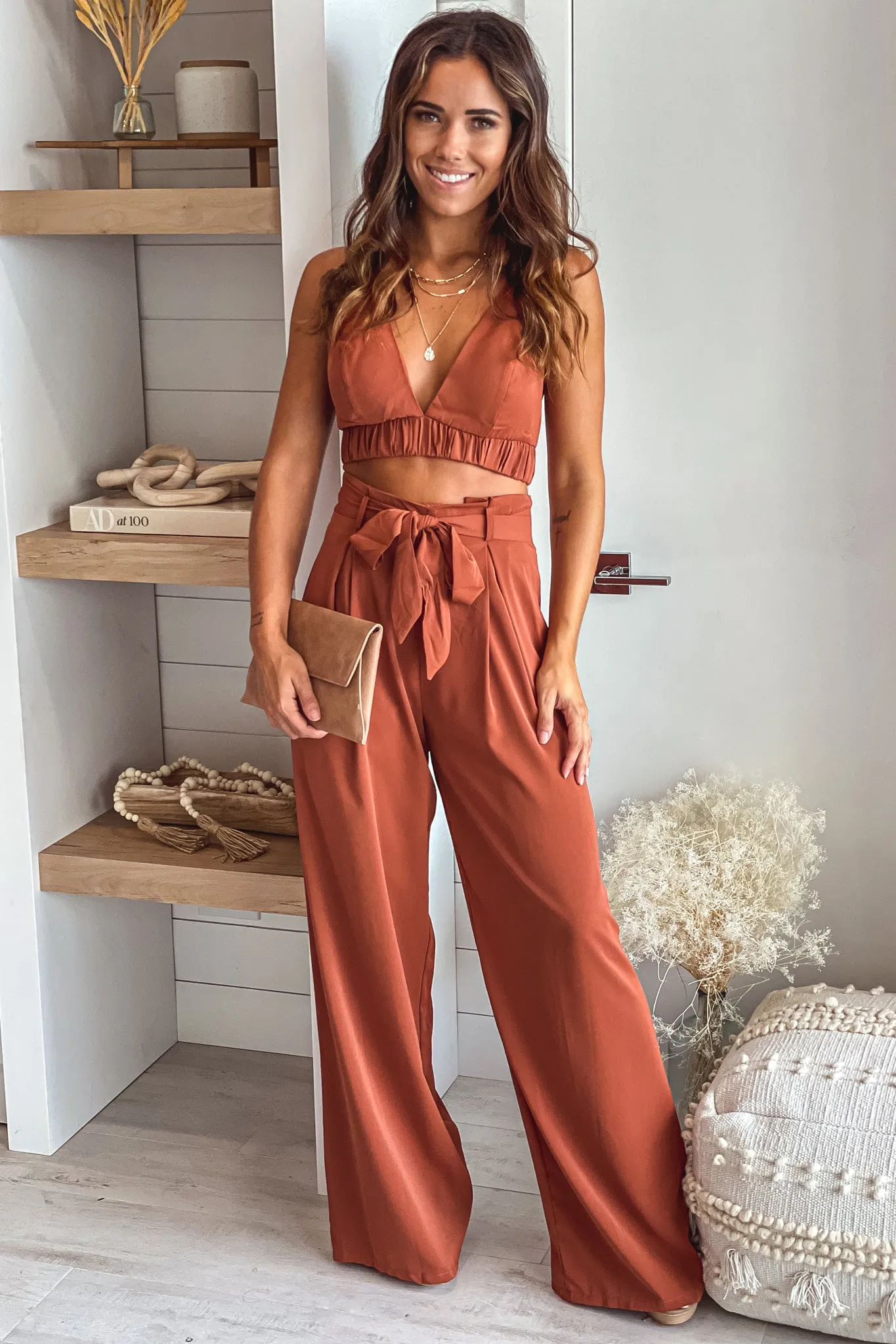 Cognac Top And Palazzo Pants Set