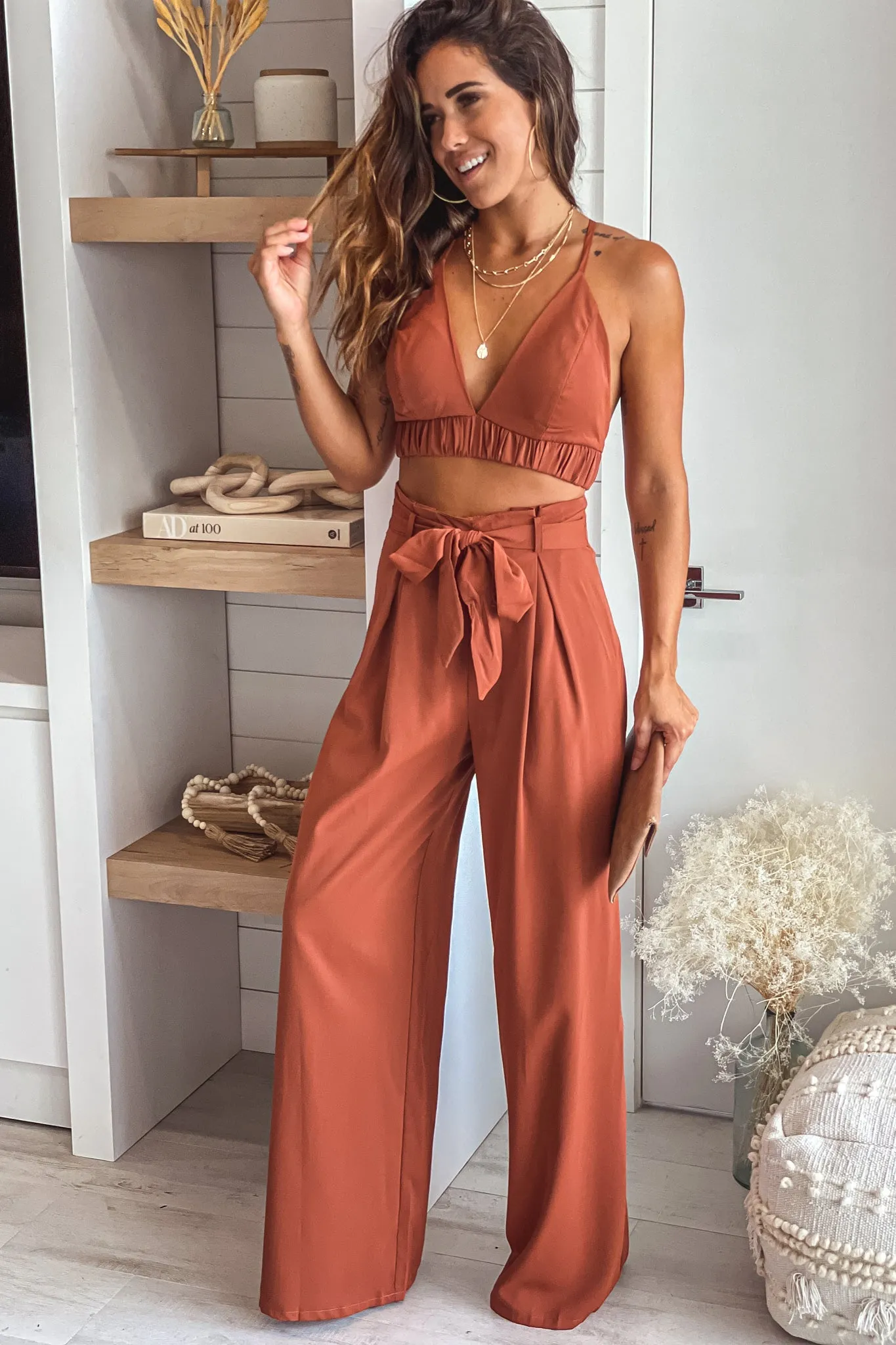 Cognac Top And Palazzo Pants Set