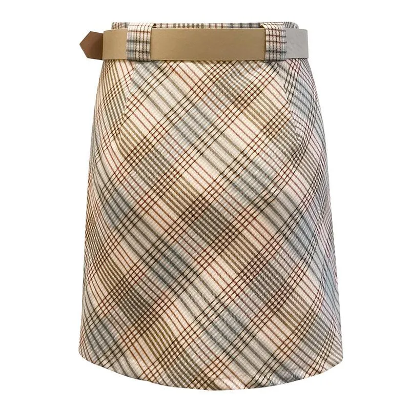 Contrast color plaid high waist A-line belt short mini skirt