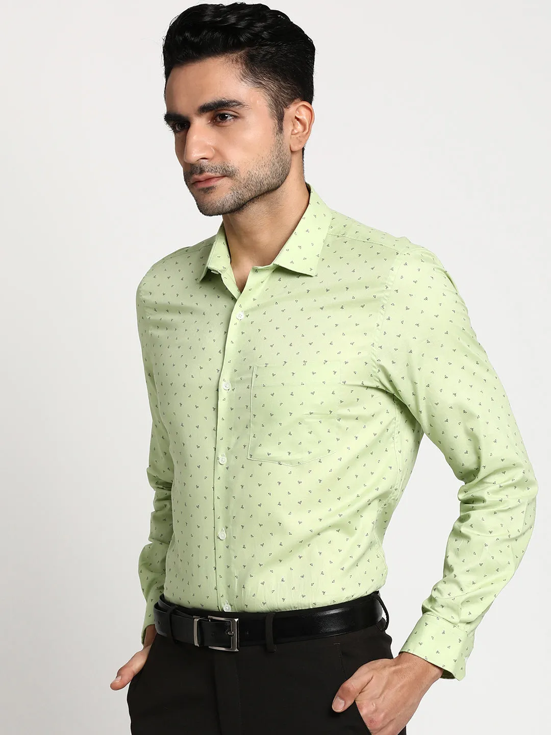 Cotton Light Green Slim Fit Printed Formal Shirt