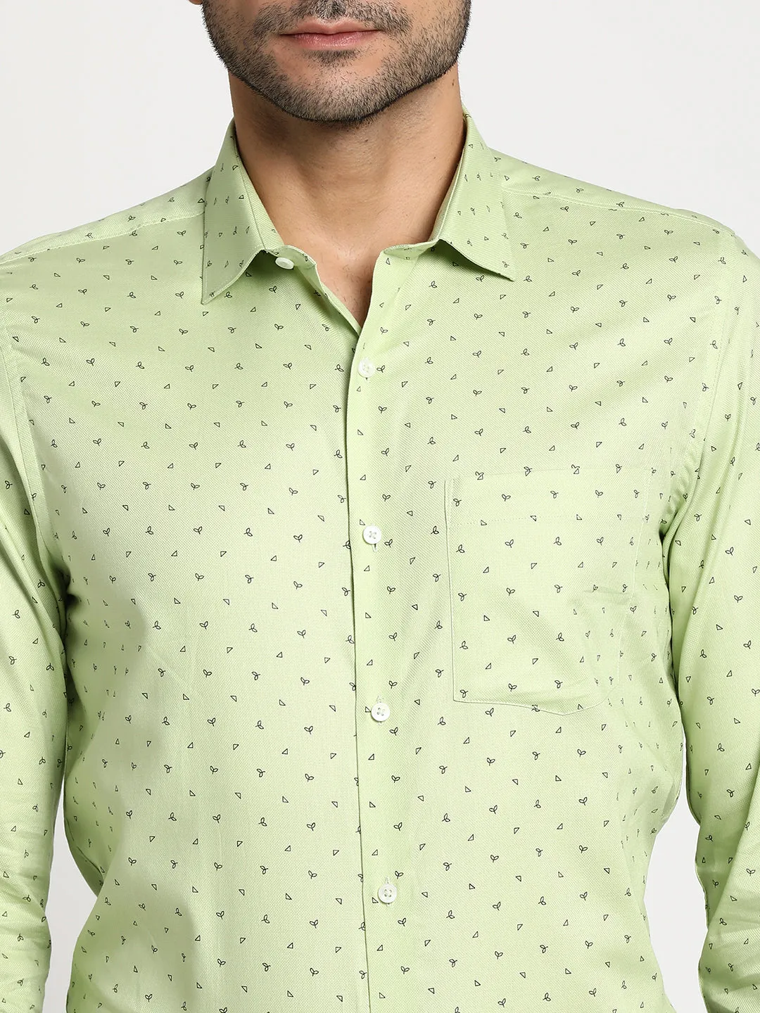 Cotton Light Green Slim Fit Printed Formal Shirt