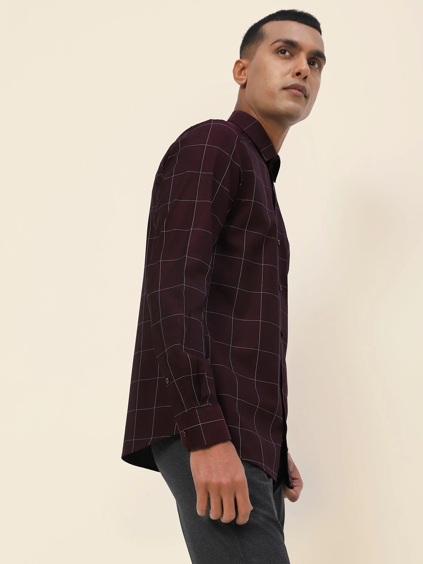 Cotton Maroon Checkered Full Sleeve Formal Shirt