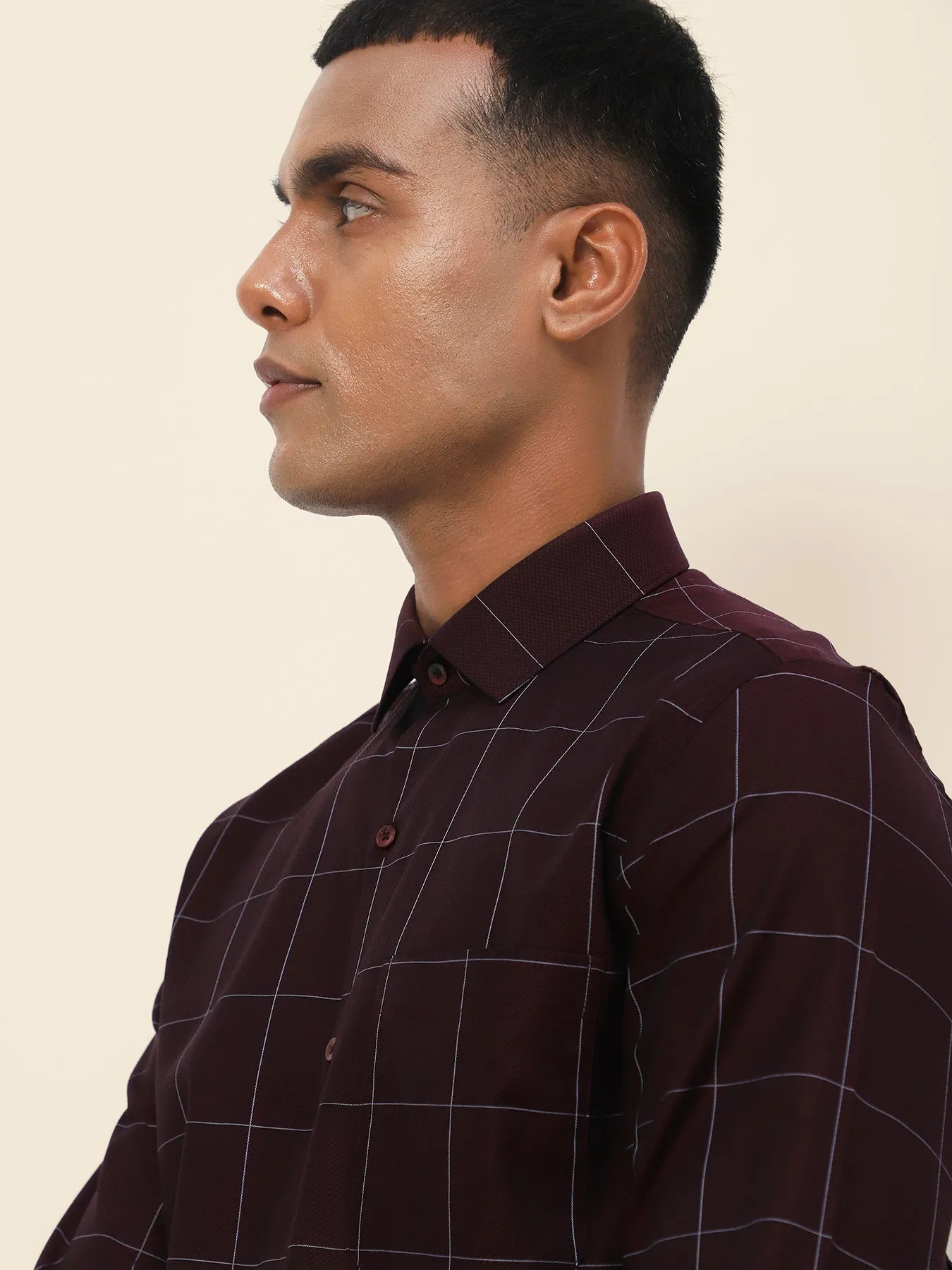 Cotton Maroon Checkered Full Sleeve Formal Shirt