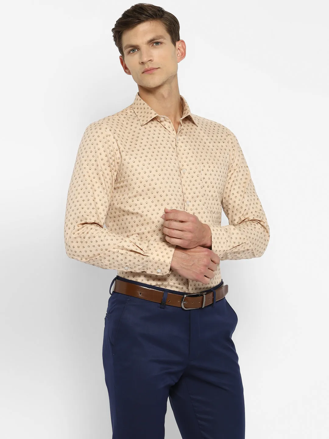 Cotton Printed Slim Fit Beige Formal Shirt