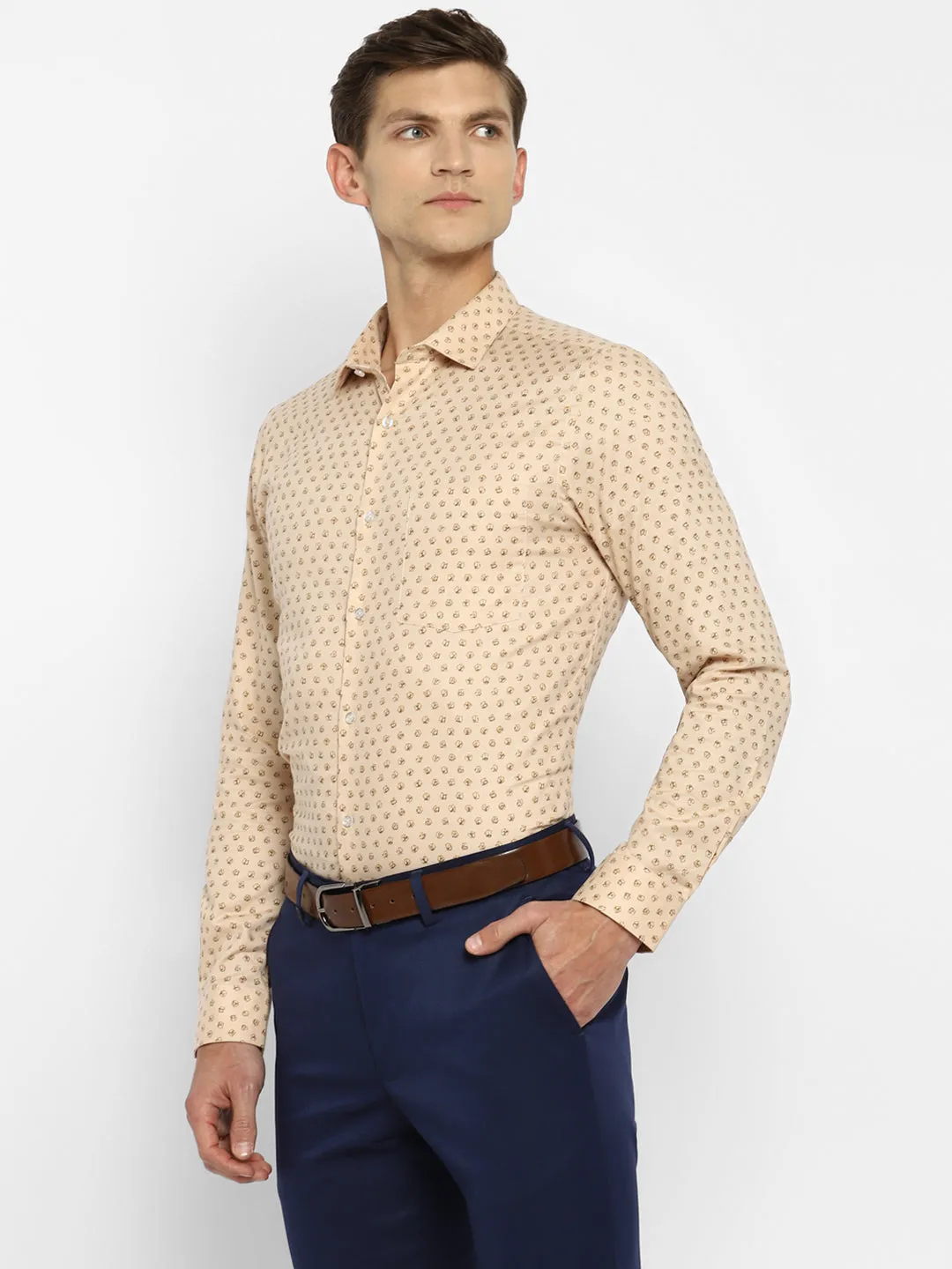 Cotton Printed Slim Fit Beige Formal Shirt