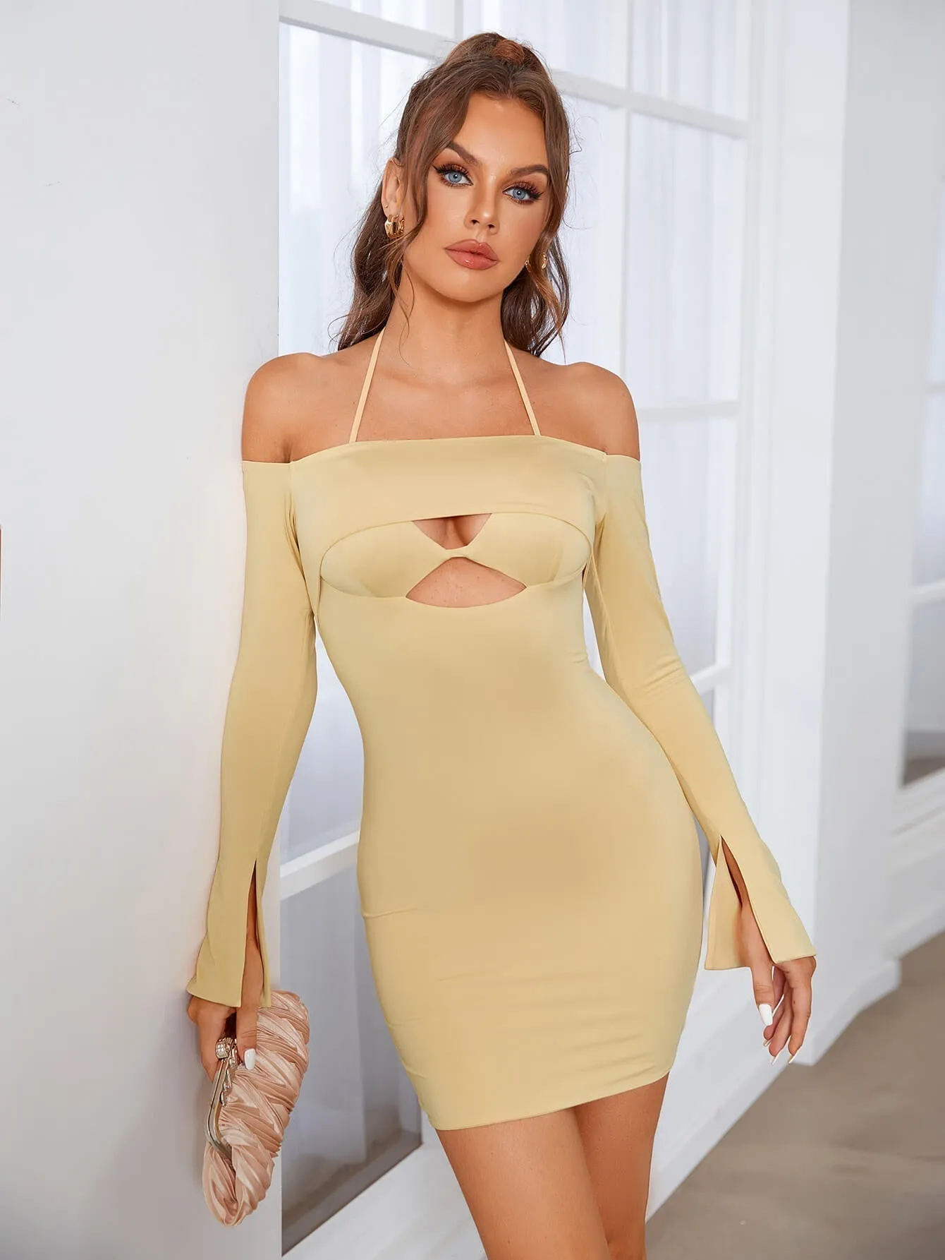 Cut Out Tie Trendy Backless Halter Bodycon Dress