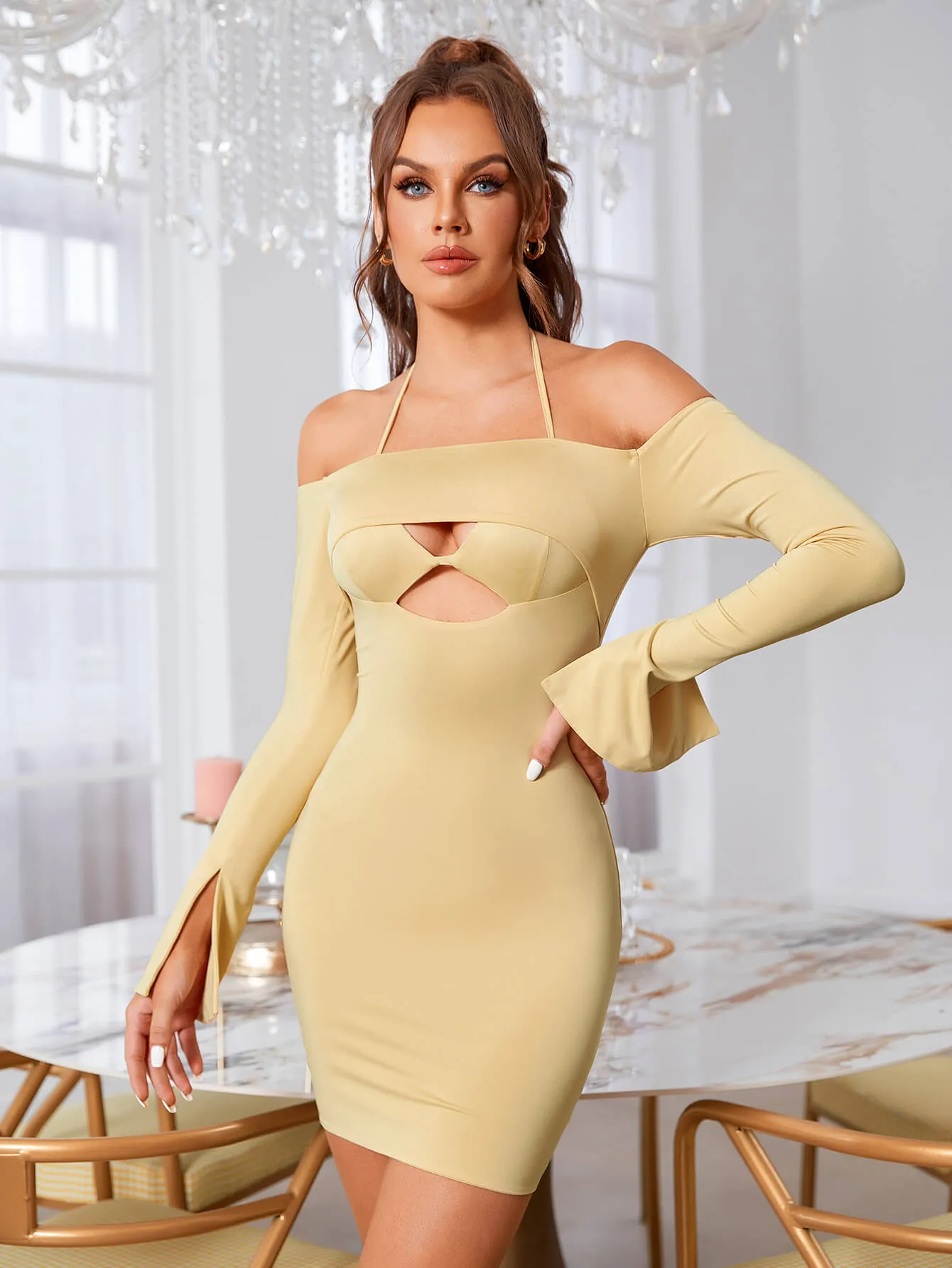 Cut Out Tie Trendy Backless Halter Bodycon Dress