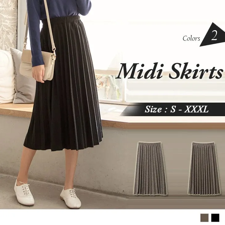 ELASTIC WAIST PLEATED MIDI SKIRTS