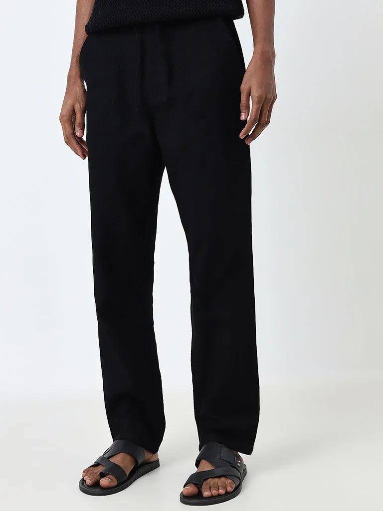 ETA Black Textured Relaxed-Fit Mid-Rise Cotton Pants